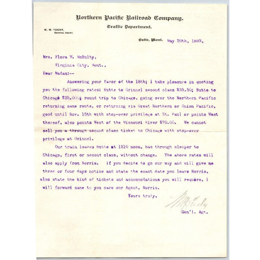 Butte, MT Northern Pacific Railroad 1893 Letterhead Butte to Grinnel Rate Quotes