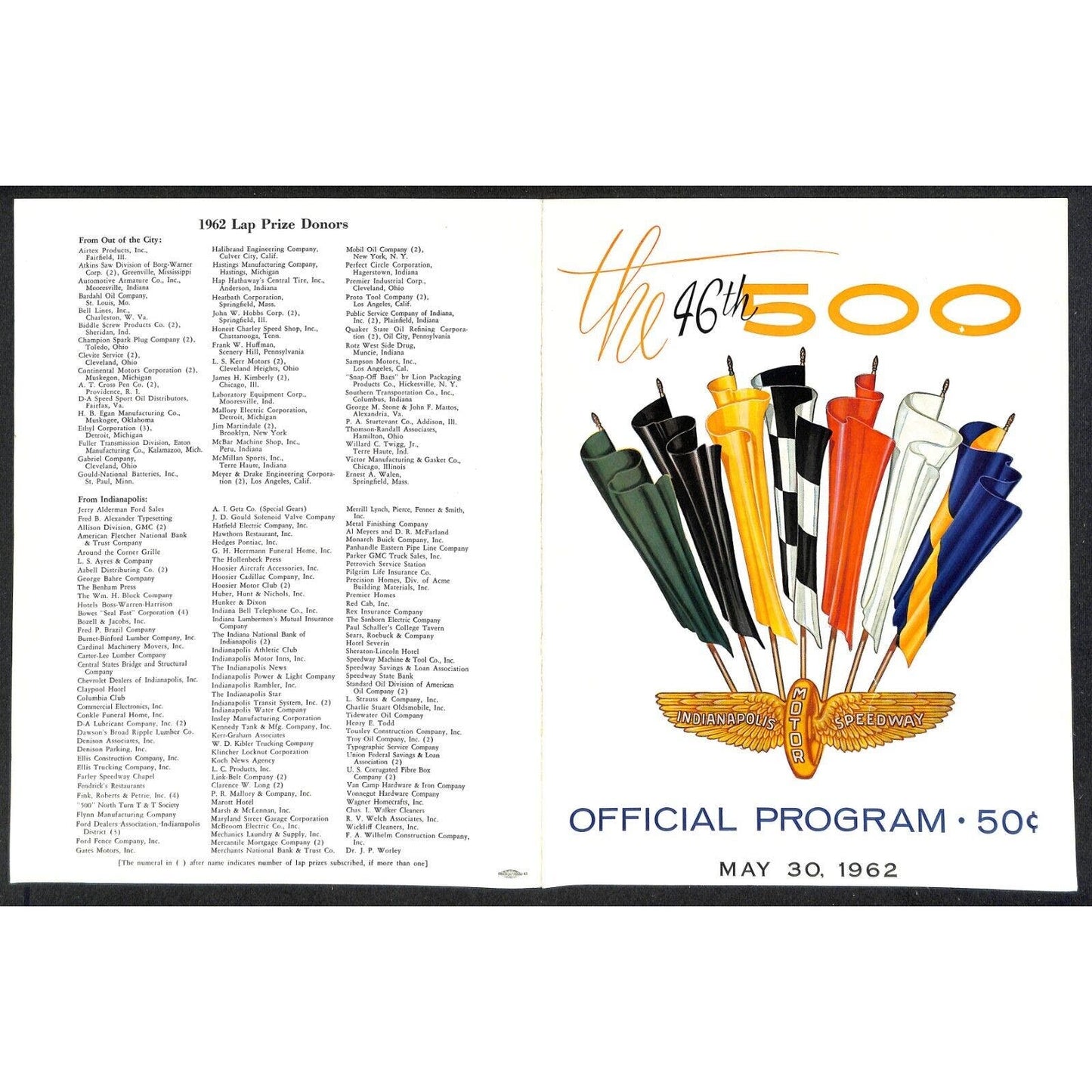 1962 Indy 500 Indianapolis Motor Speedway Program - Cover Only VGC