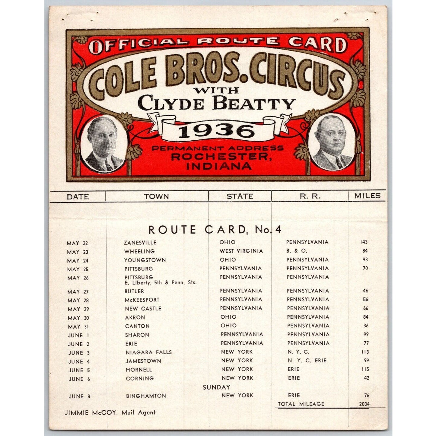 1936 Cole Bros with Clyde Beatty Circus Route Card KY OH WV PA NY