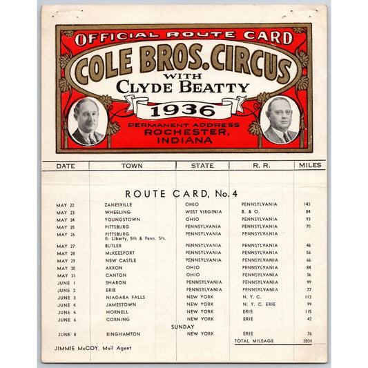 1936 Cole Bros with Clyde Beatty Circus Route Card KY OH WV PA NY
