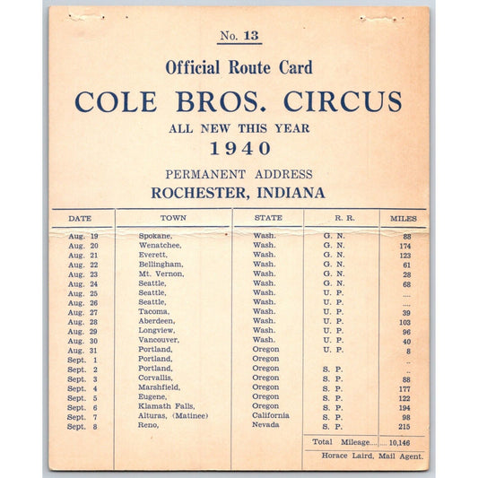 1940 Cole Bros Circus Route Card WA OR CA NV