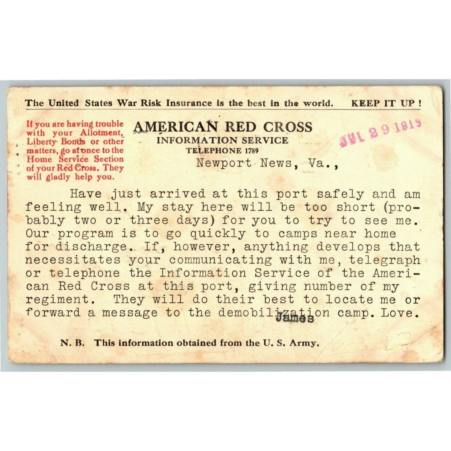 1919 Red Cross Information Service U.S. Army Typed Postcard