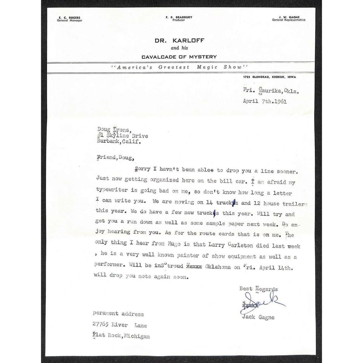 Group of Mostly 1970's Circus Letterheads & 2 1960's Hand Written Cards