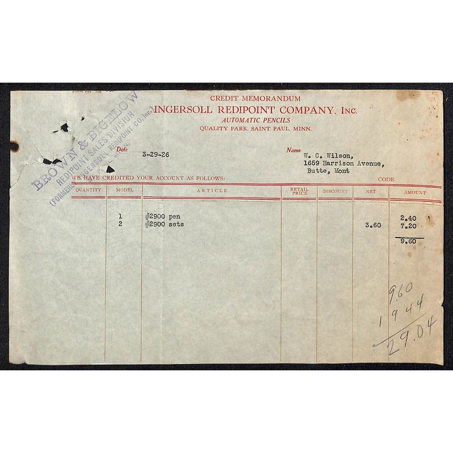 Ingersoll Redpoint Co. Butte Montana 1926 Billhead Letterhead - Wilson Drug