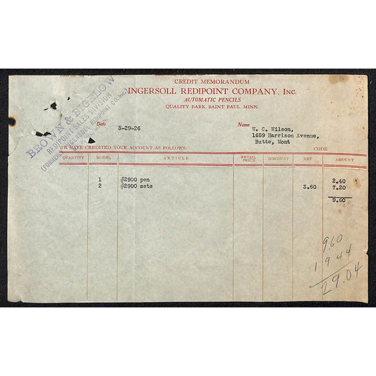Ingersoll Redpoint Co. Butte Montana 1926 Billhead Letterhead - Wilson Drug
