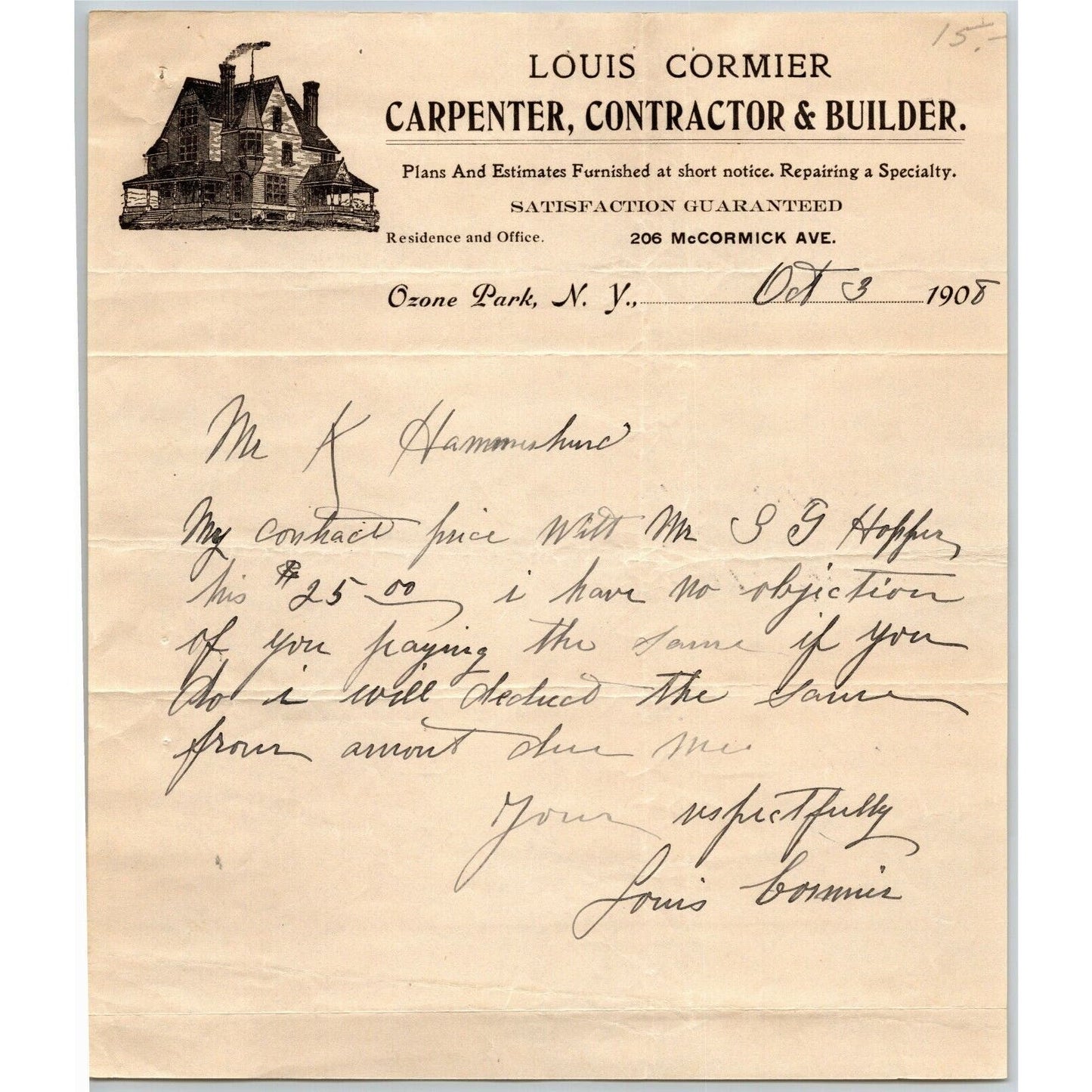 Louis Cormier 1908 Letterhead Ozone Park, NY Carpenter Contractor Builder