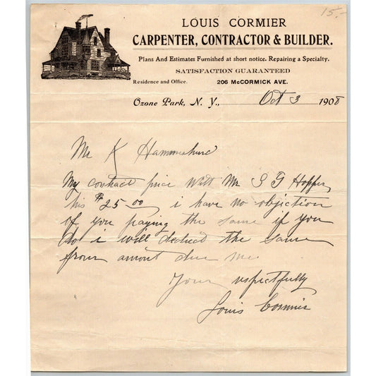 Louis Cormier 1908 Letterhead Ozone Park, NY Carpenter Contractor Builder