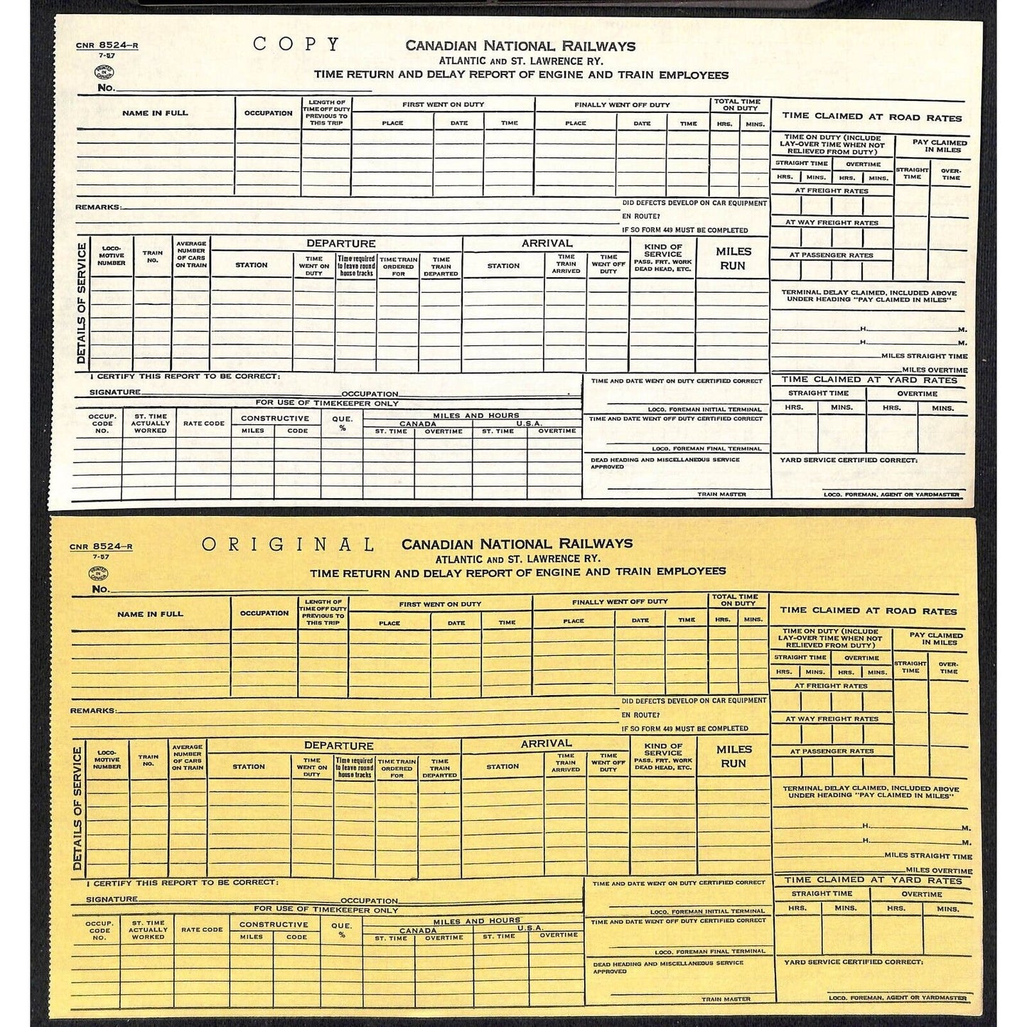 Canadian National Railway c1957 Unused Time Return & Delay Report Form + Copy
