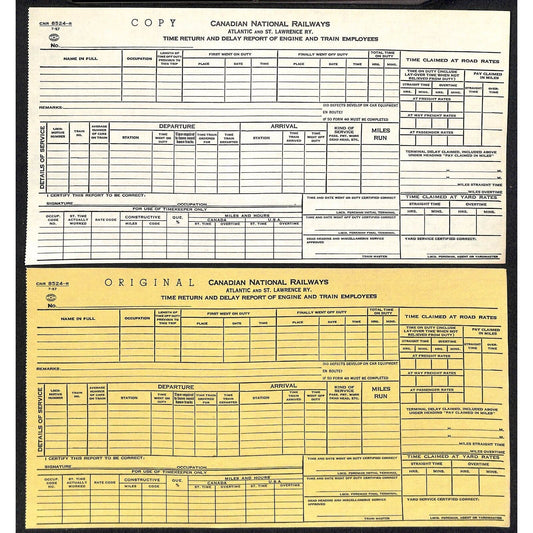 Canadian National Railway c1957 Unused Time Return & Delay Report Form + Copy