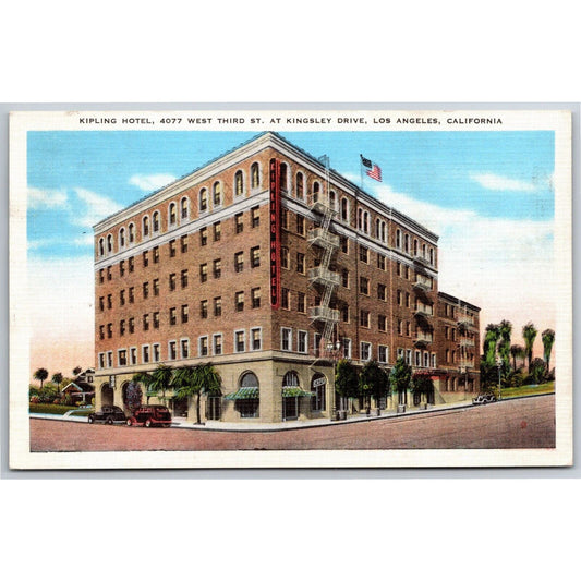 Kipling Hotel Los Angeles Linen Postcard Chrome - PM 1939 "Monitor Advertisers"