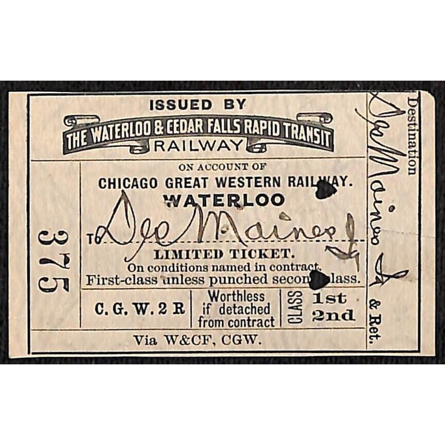 1910 Waterloo & Cedar Falls Rapid Transit Railway Ticket Des Moines #375