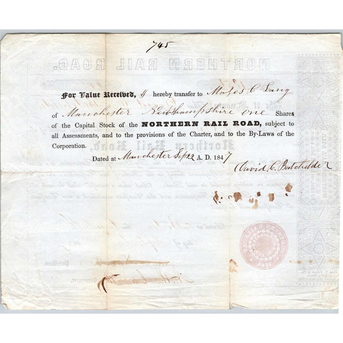 1847 Boston, MA Northern Railroad Stock Certificate No. 1856 for 1 Share