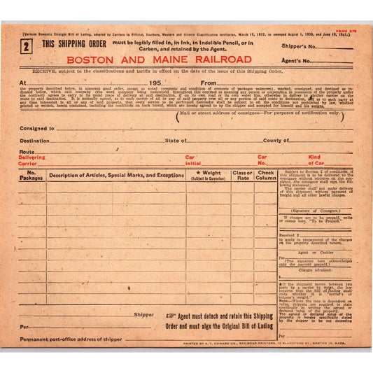 Boston and Maine Railroad c1940's-50's Shipping Order Form Unused VGC