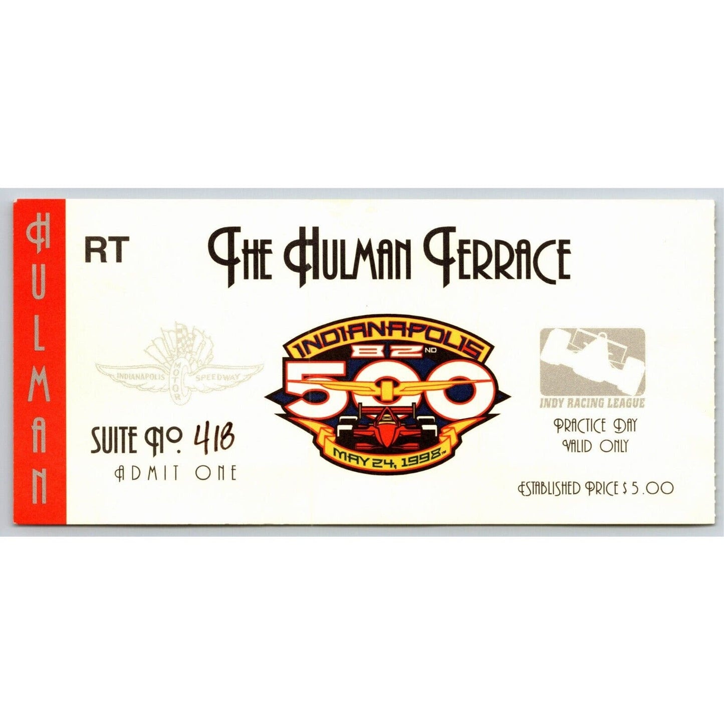 1998 Indy 500 Practice Day Hulman Terrace Ticket Stub IMS Indianapolis - RT