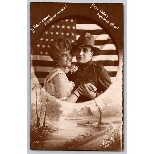 Vintage WWI Postcard - "First Victory, Happiness After!" American Flag