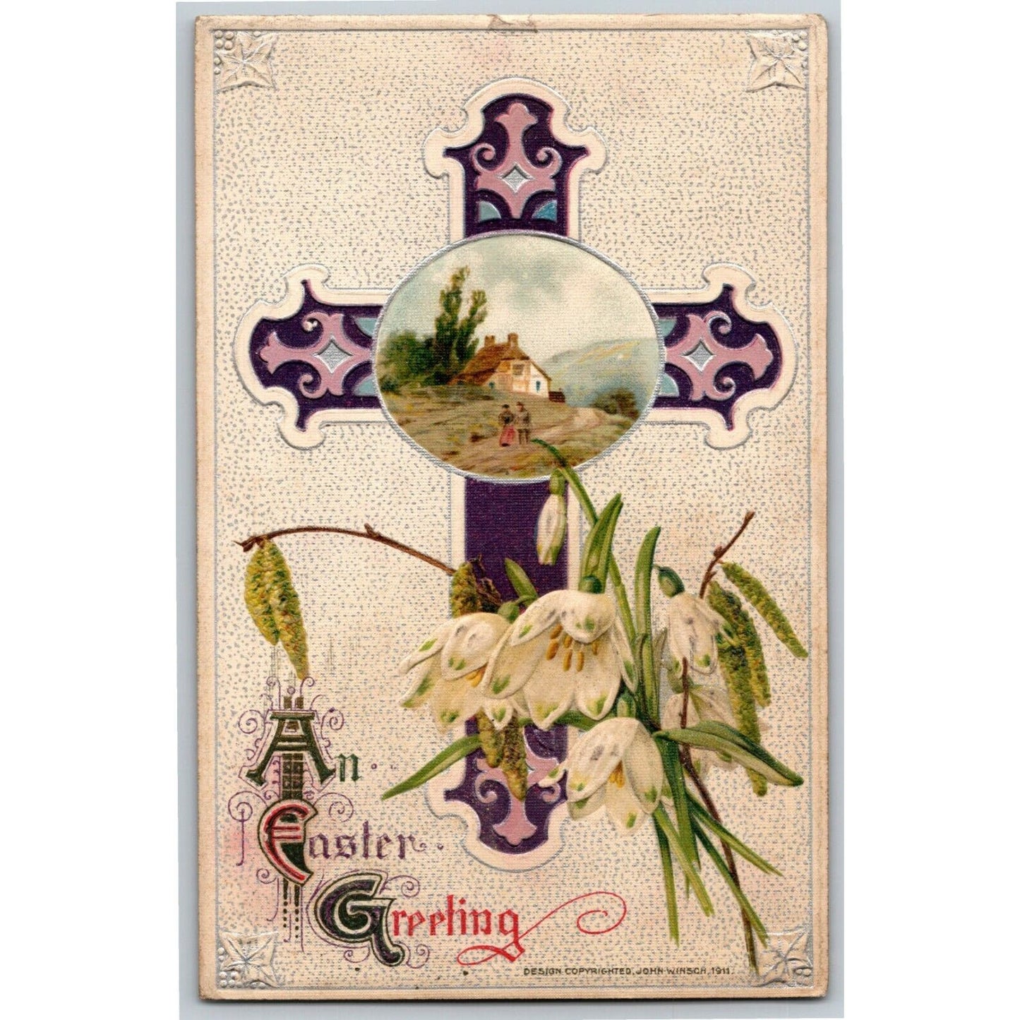 Vintage Postcard c1913 An Easter Greeting Cross Silver Country Home Embossed