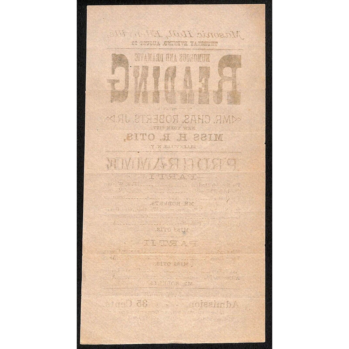 Ellenville, NY Masonic Hall Programme Broadside Chas. Roberts Jr. Miss H.R. Otis
