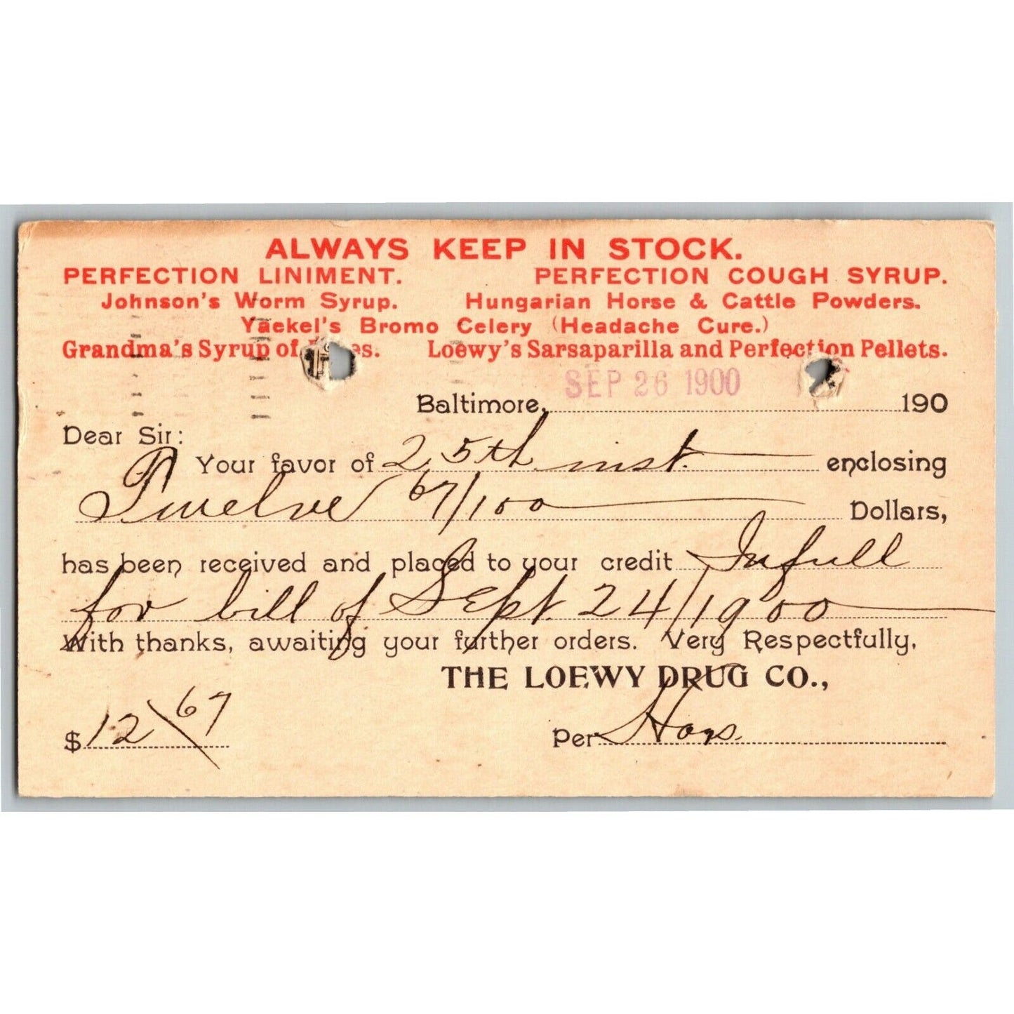 1900 Adv. Payment Conf. Postcard Loewy Drug Co. Cough Syrup Baltimore E. Baker*