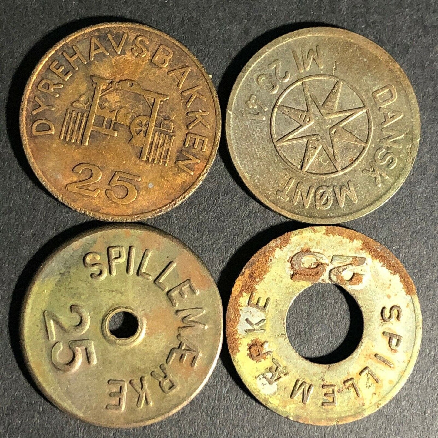 Group of 95 Amusement / Vending Spillemaerke Copper Bronze Tokens from Denmark