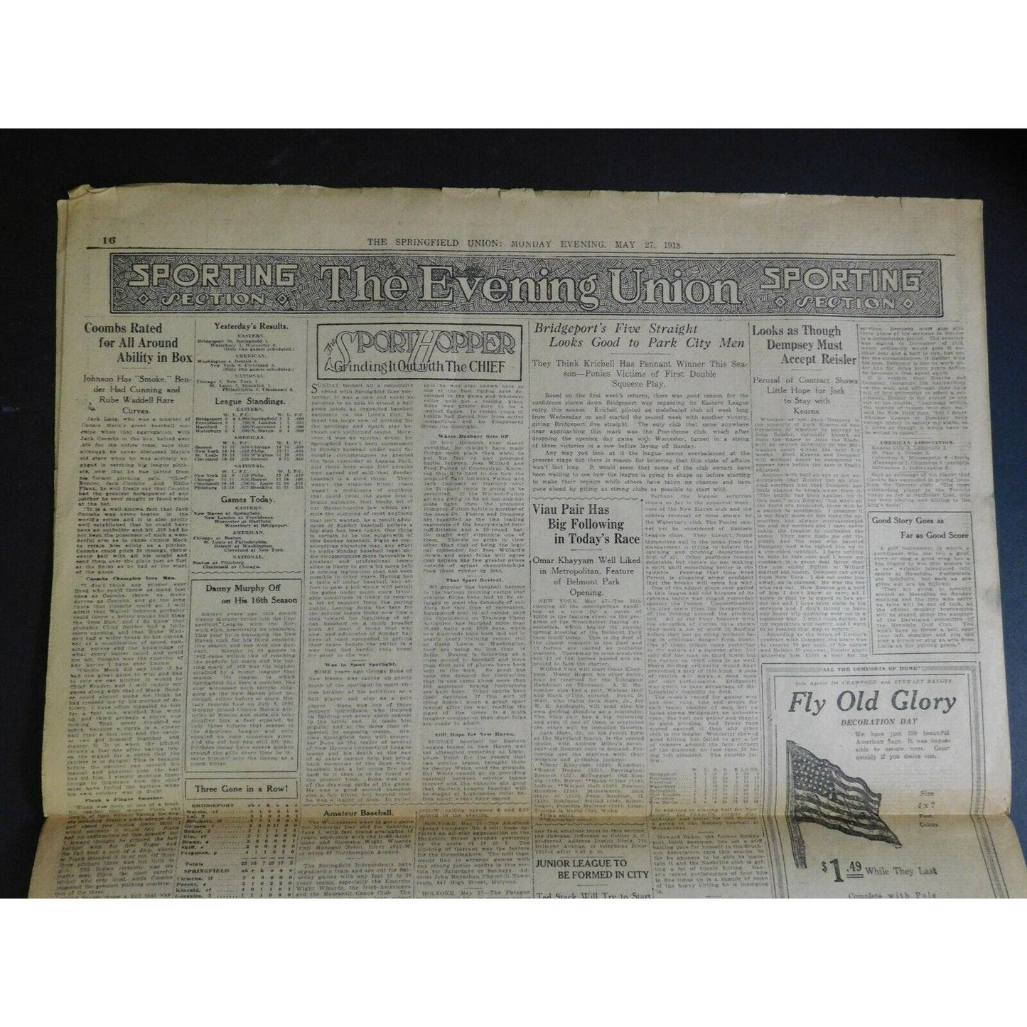 WWI Era Newspaper - The Evening Union (Springfield, MA) - May 27 1918 - 4 pgs.