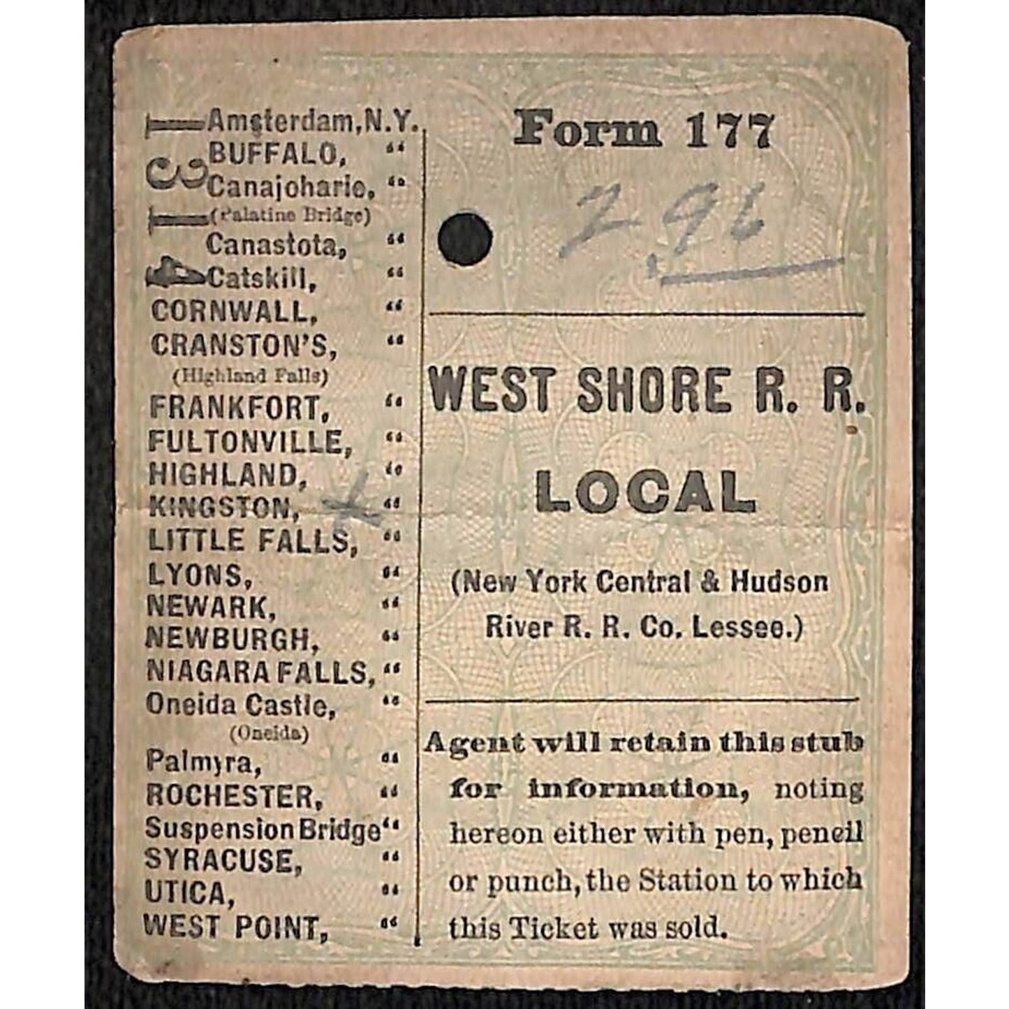 West Shore Local R.R. 1897 Ticket Stub NY & Long Branch North Asbury Park, NJ