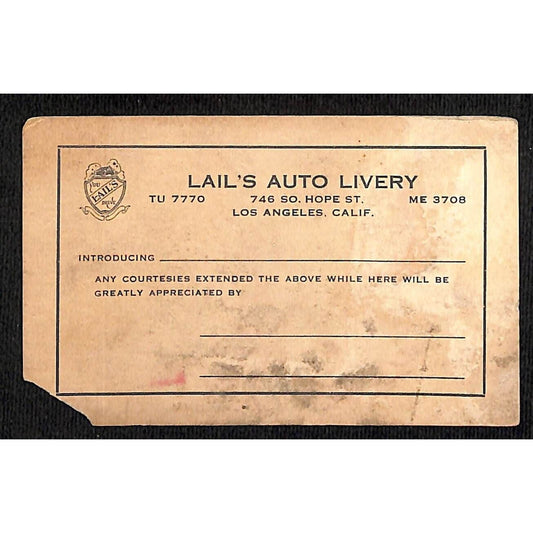 Lail's Auto Livery Hope St. LA - Introduction Business - Trade Card c1928 Scarce