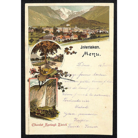 c1901 Chocolat Sprüngli Zürich Interlaken Menu w/ Multi View Litho Art