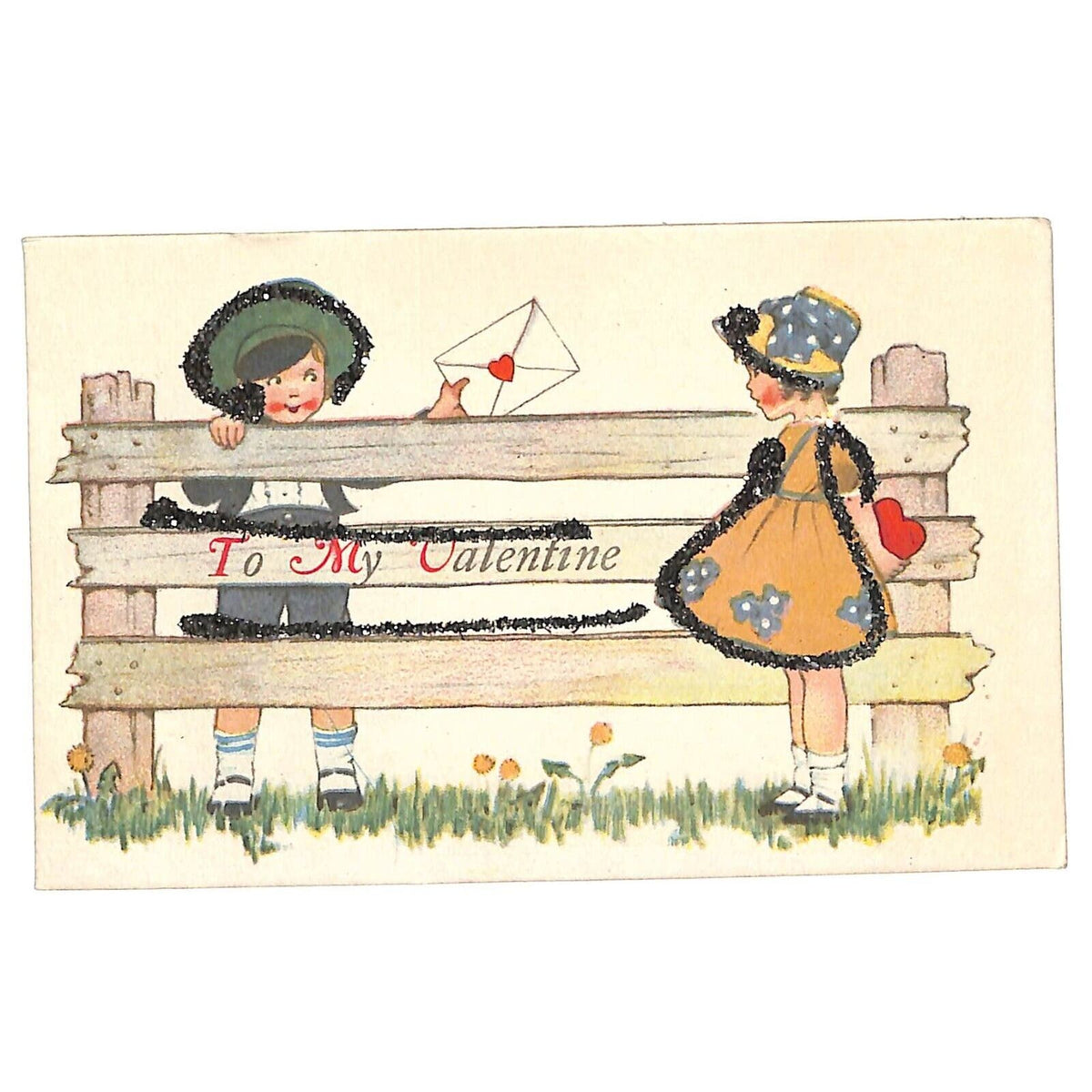 Valentine's Day "To My Valentine" Kids Trade Cards Over Fence Glitter NP c1915