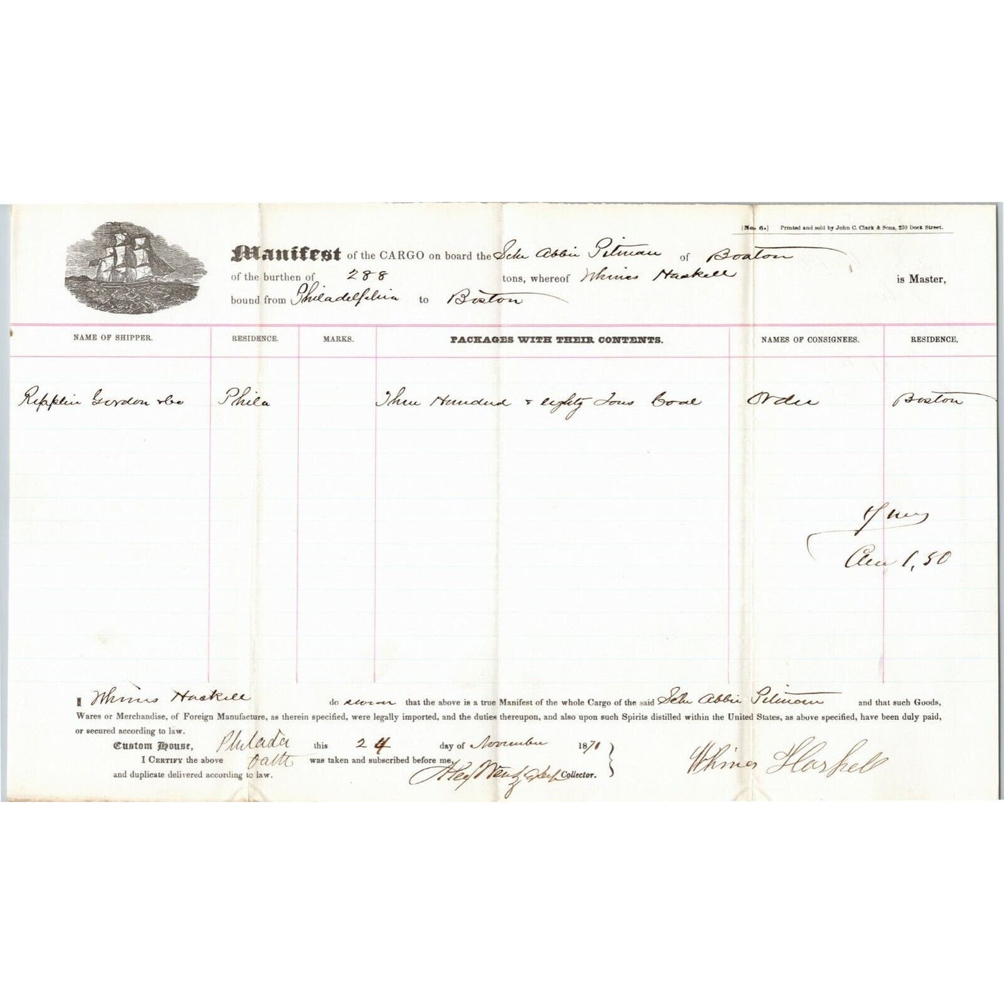 1871 Merchant Ship Cargo Manifest Document Schooner Abbie Pitman to Boston
