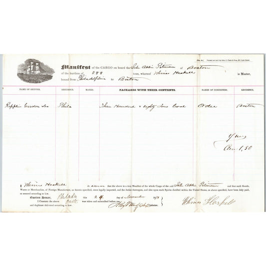 1871 Merchant Ship Cargo Manifest Document Schooner Abbie Pitman to Boston