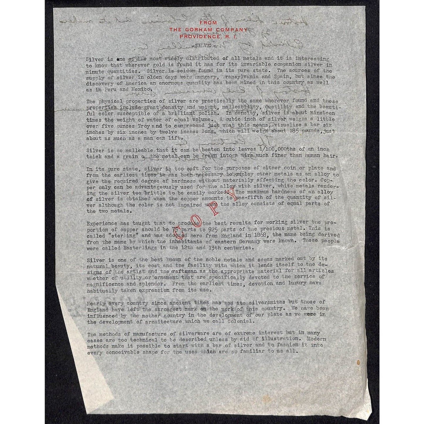c1920 Gorham Silver Co. Letterhead Copy Silver Info on Onion Skin Paper