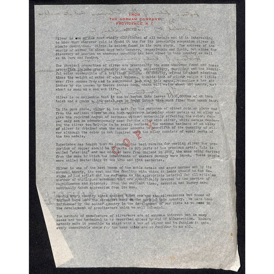 c1920 Gorham Silver Co. Letterhead Copy Silver Info on Onion Skin Paper