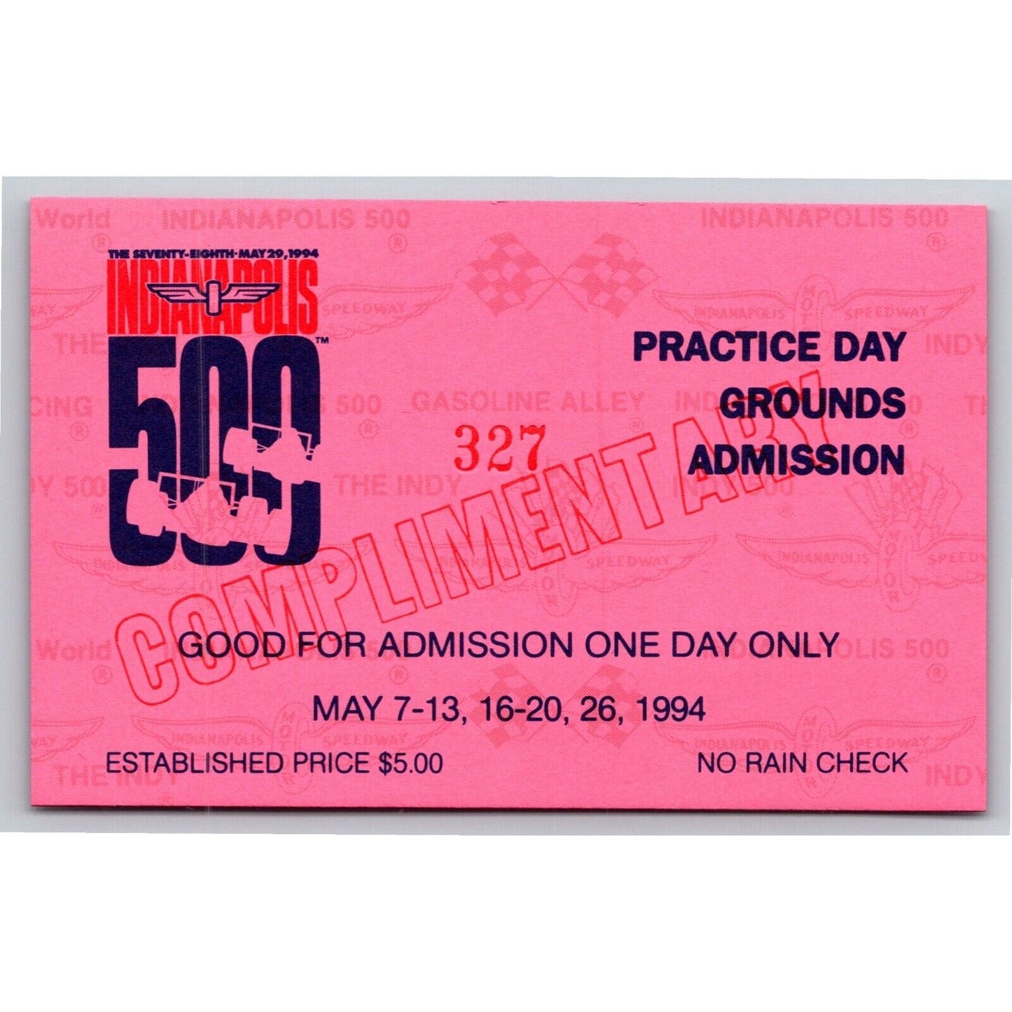 1984 Indy 500 Practice Day Admission Comp Ticket Pass Card Indianapolis IMS #327