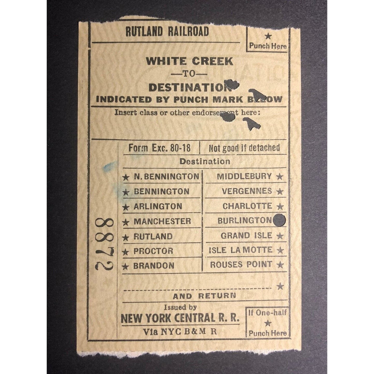 1953 Rutland Railroad / NY Central RR "White Creek to" Check / Ticket #8872