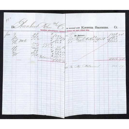 Kountze Brothers 12 Wall Street NY c1879 Greenhood &Bohm* Ledger Sheet