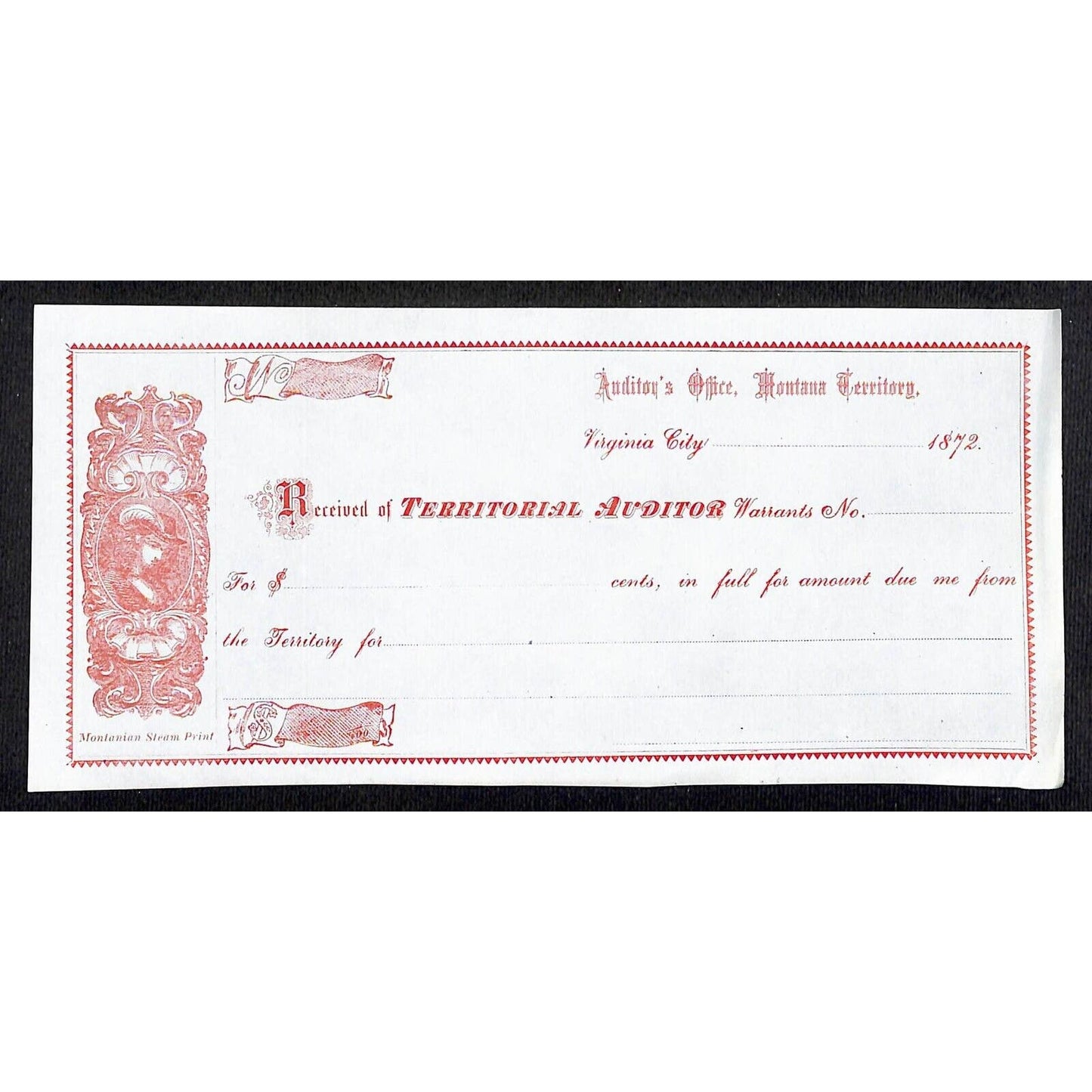 Virginia City Montana 1872 Territorial Auditor Unused Receipt - VGC