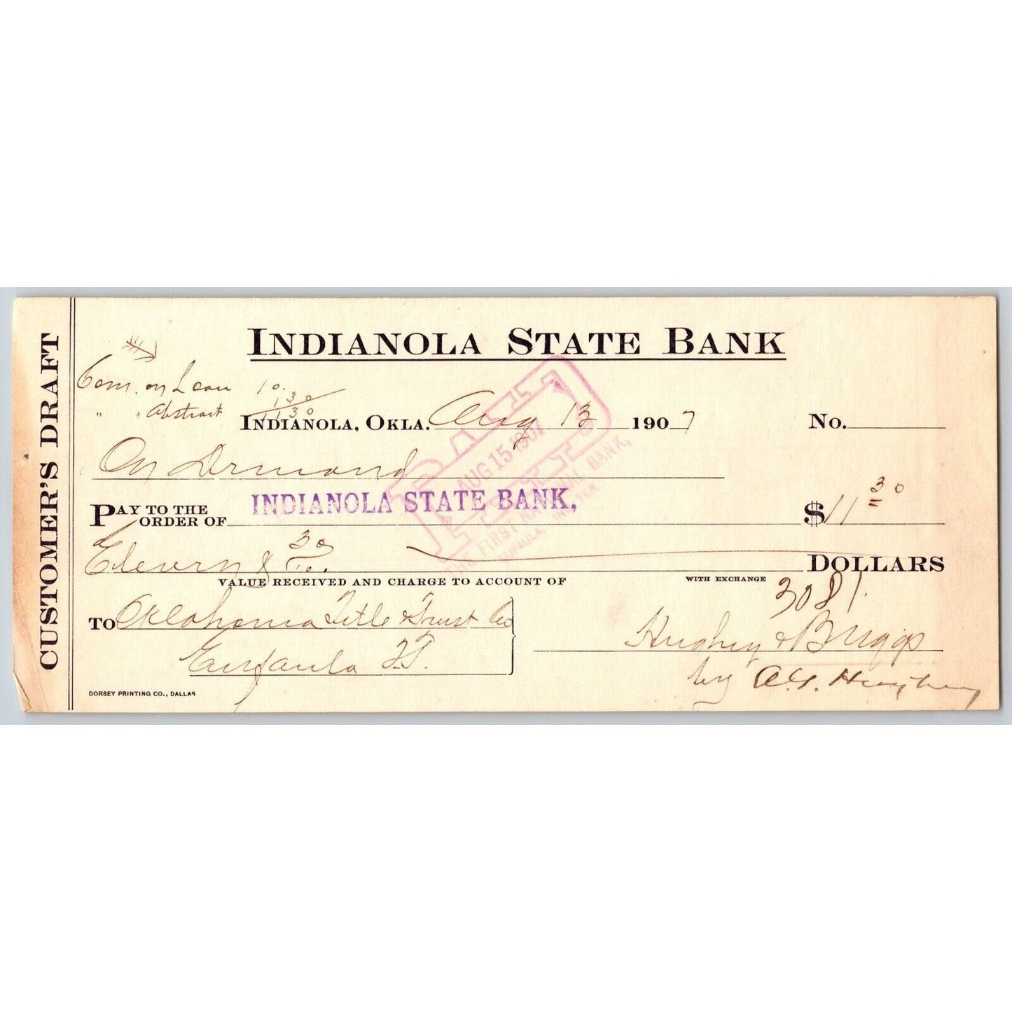 Indianola, Oklahoma August 1907 Territorial "Indianola State Bank" Check Scarce