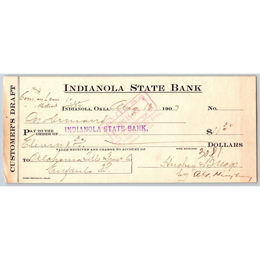 Indianola, Oklahoma August 1907 Territorial "Indianola State Bank" Check Scarce
