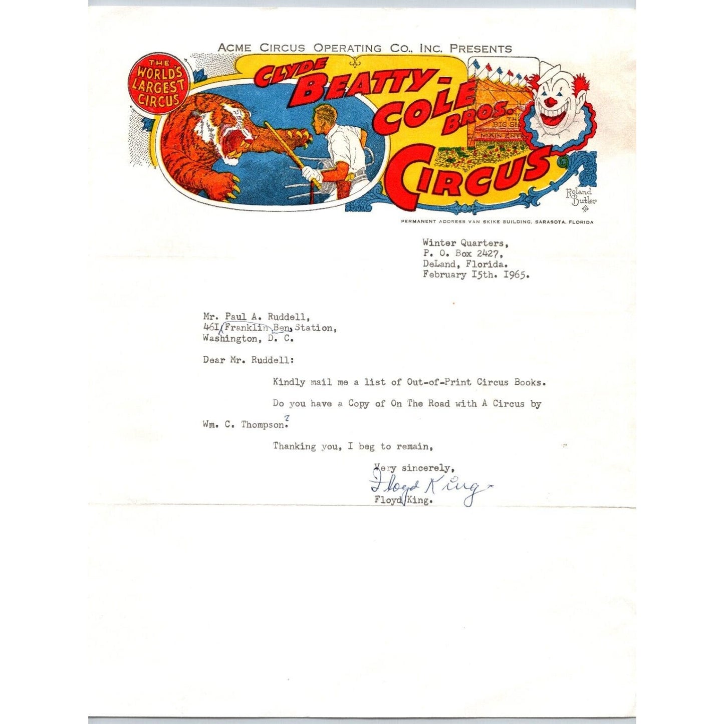 Clyde Beatty Cole Bros Circus Letterhead DeLand, FL 1965