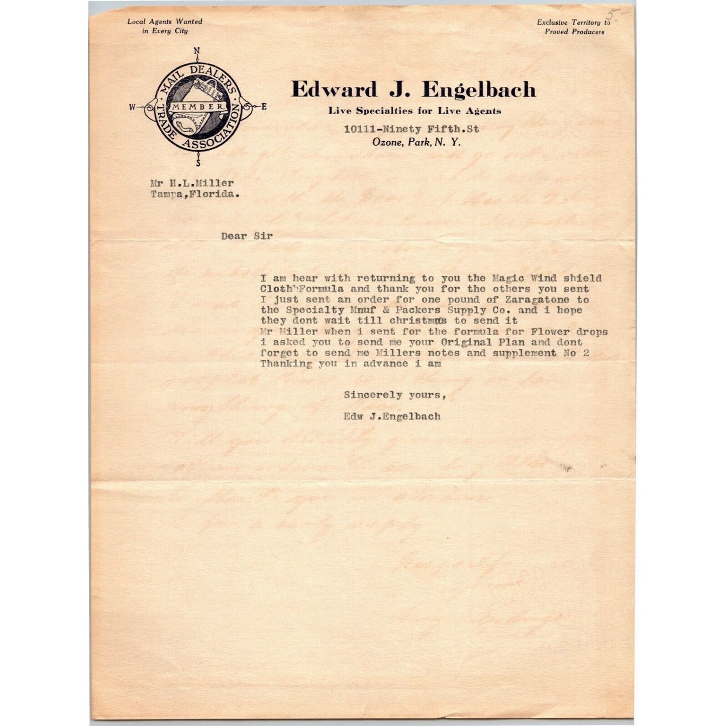 Edward J. Engelbach c1920's Letterhead "Live Specialties for Live Agents"