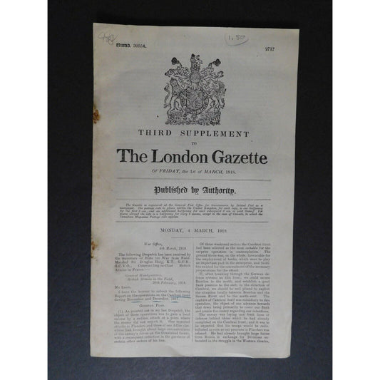 WWI Era Newspaper - "Third Supplement to The London Gazette" March 4 1918 10pgs