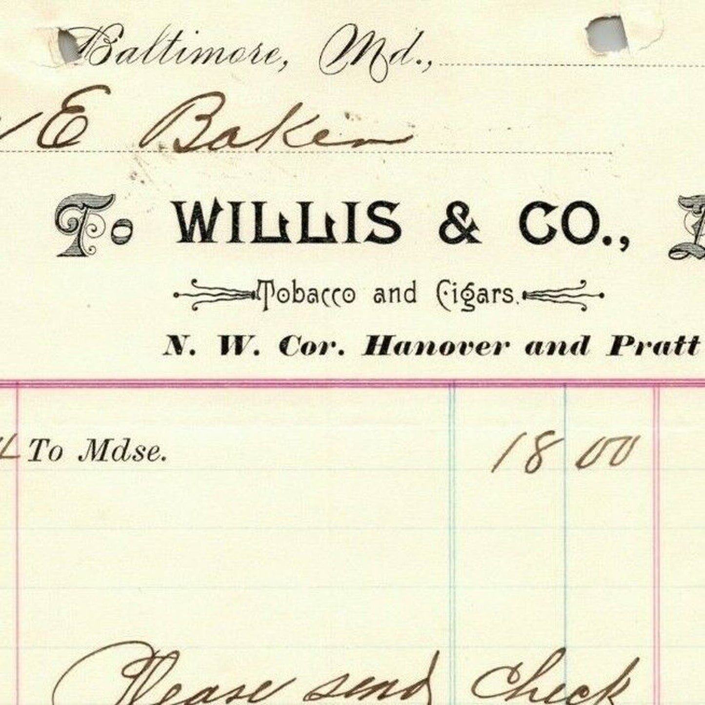1896 Letterhead Billhead Willis & Co. Tobacco Cigars Baltimore Ephraim Baker*