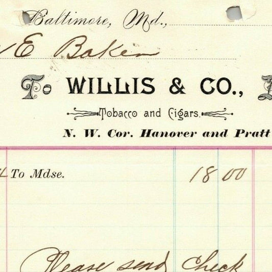 1896 Letterhead Billhead Willis & Co. Tobacco Cigars Baltimore Ephraim Baker*