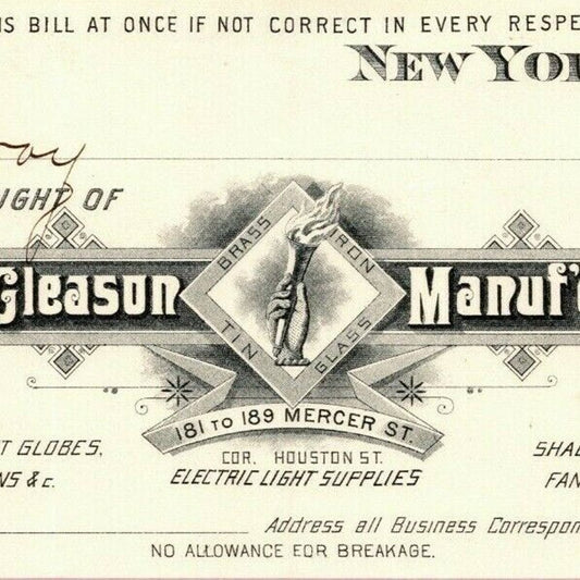 1887 E. P. Gleason Chimneys Globes Lanterns Billhead Letterhead Mercer St. NYC