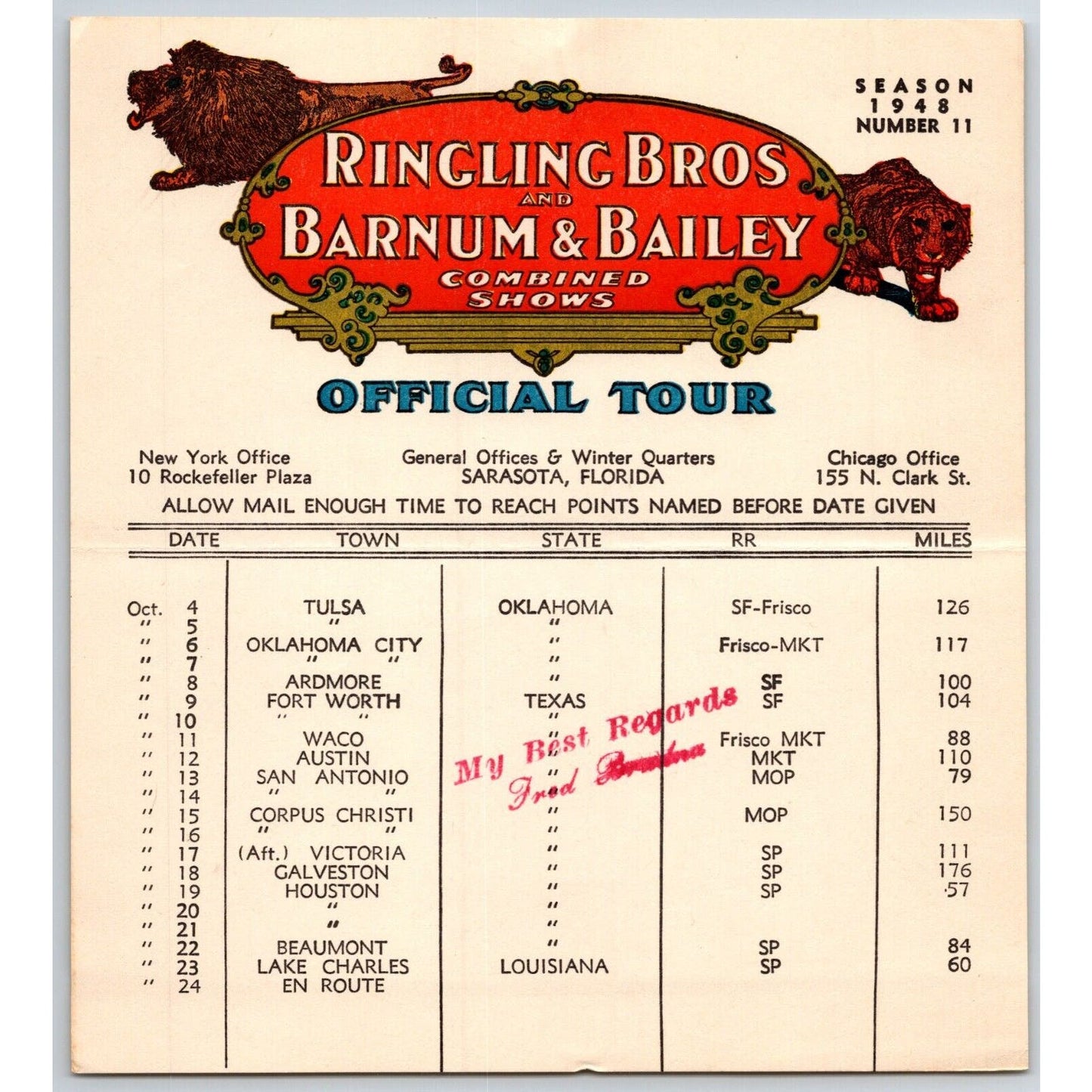 1948 Ringling Bros Barnum Bailey Circus Route Card Tulsa Austin Houston