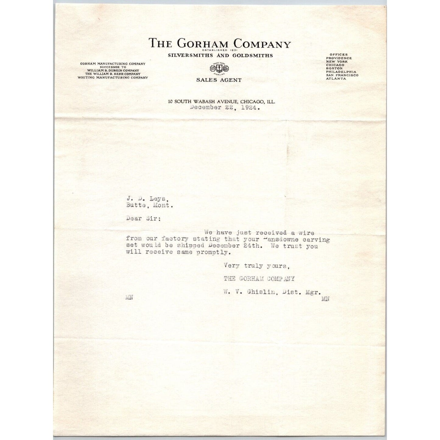 Gorham Company Silver to "Leys" Jewelers Butte, MT 1924 Lansdowne Carving