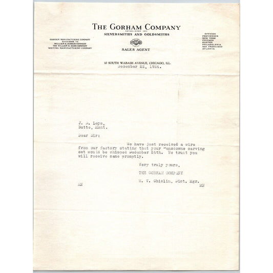Gorham Company Silver to "Leys" Jewelers Butte, MT 1924 Lansdowne Carving