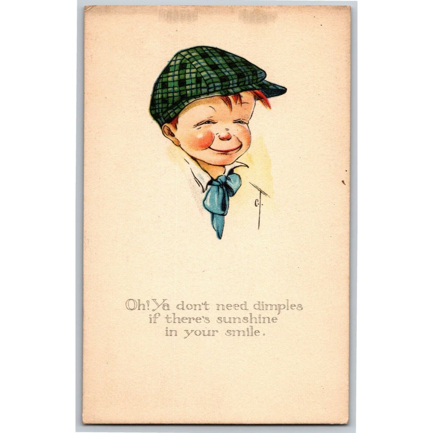 Vintage Postcard c1915 Young Boy w/ Cap Smiling "Ya Don't Need Dimples..."