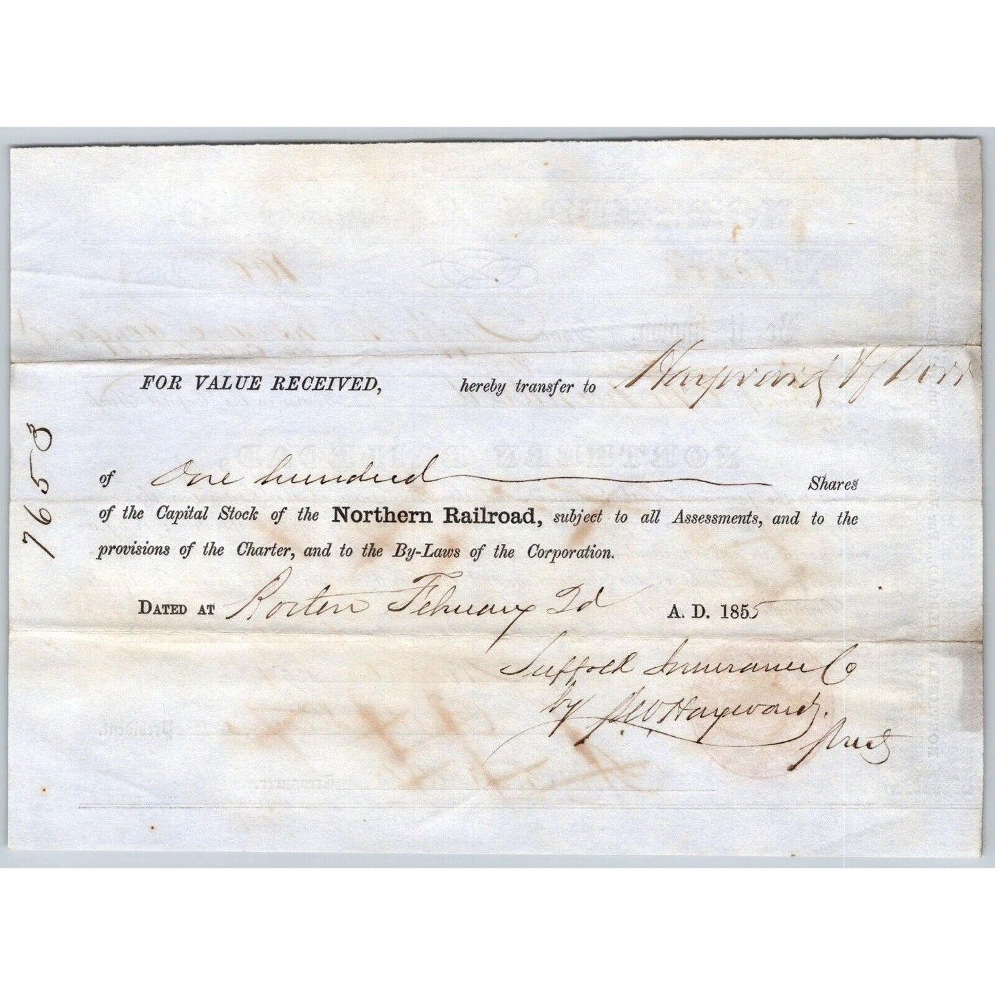 1854 Boston, MA Northern Railroad Stock Certificate No. 10356 for 100 Shares