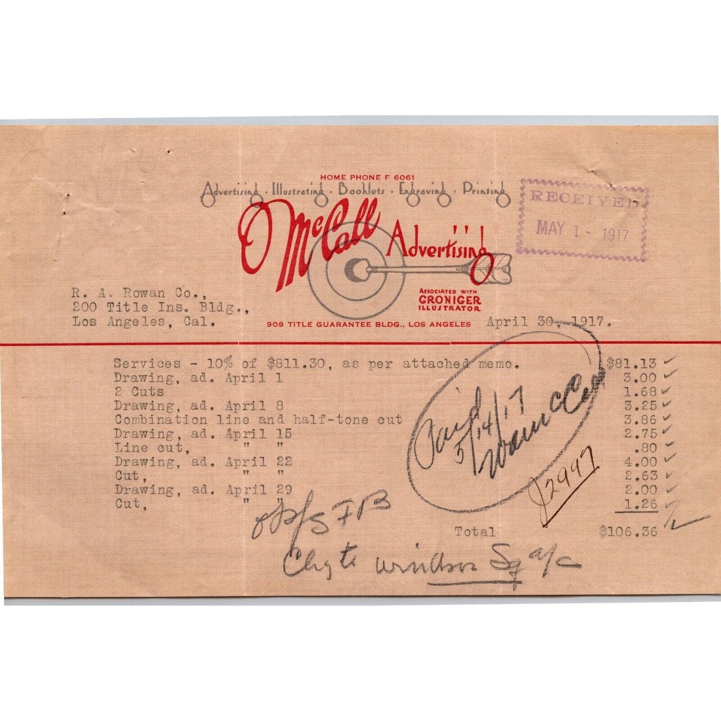 1917 Los Angeles McCall Advertising Letterhead w/ Arrow Bull's-eye Silver Ink